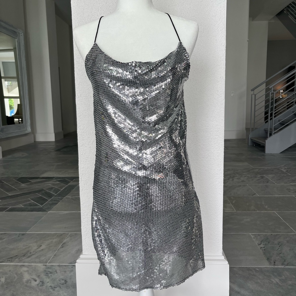 women’s sequin wrap dress in silver-tone